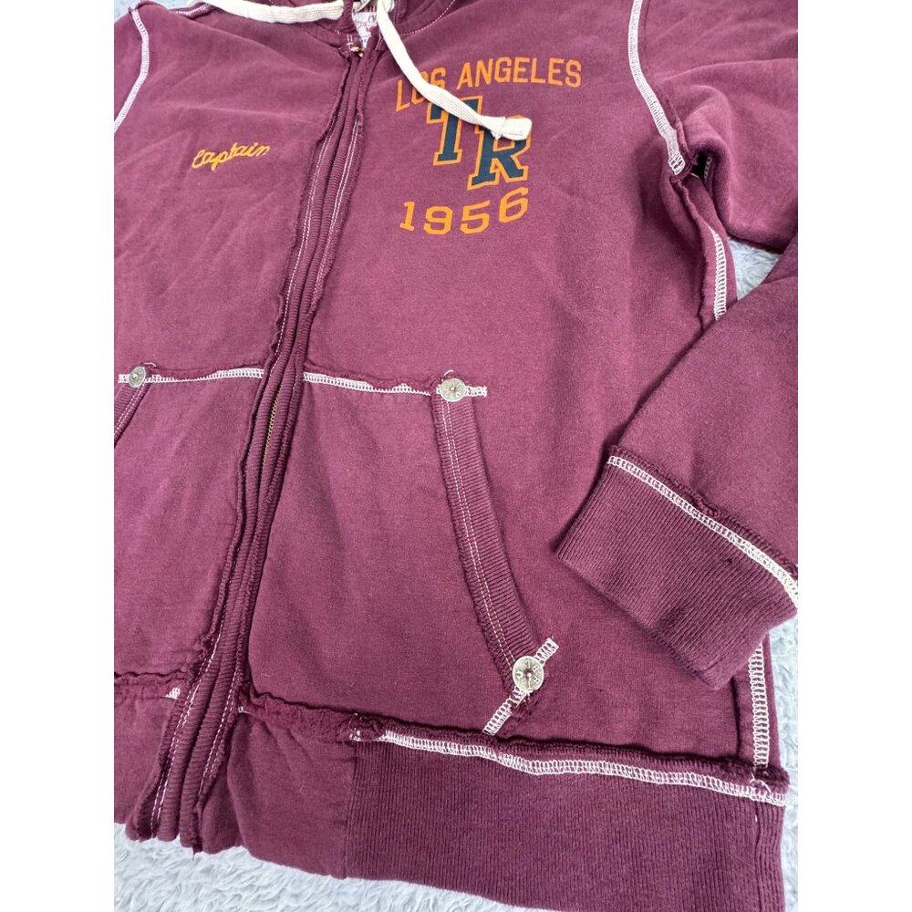 True Religion Mens XXL Maroon Hoodie Jacket Flatlock Zip LA 1956 Captain Graphic - Picture 4 of 15